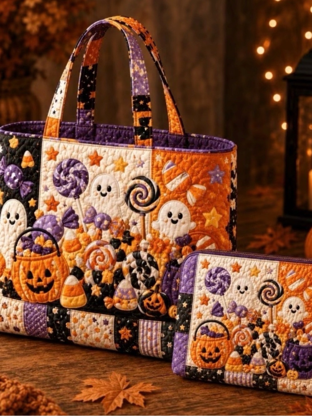 Quilted Halloween Tote & Cosmetic Bag in Halloween Colors | Orange & Purple - Picture 1 of 11